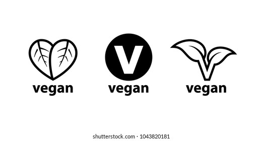 Pflanzliche Vegandiätsymbole mit 3 Etikettensymbole. Vektorgrafik.