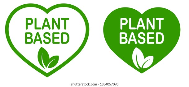 Plant based vegan food product label. Green heart-shaped stamp. Logo or icon. Diet. Sticker. Vegeterian. Organic 