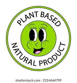 Plant based vegan food product label. Green retro cartoon style stamp. Logo or icon. Diet. Sticker. Vegetarian. Organic