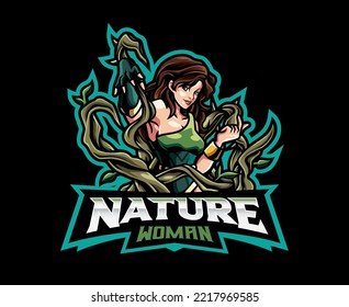 Plant bending mascot logo design. Woman with power of the plant bending. Logo illustration for mascot or symbol and identity, emblem sports or e-sports gaming team