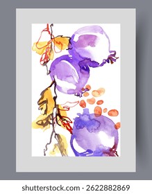 Plant with berries growing wild in national park or nature reserve on wall art. Watercolor artwork. Print with sprig of plant with berries for preparing healthy food, in frame with decor for poster