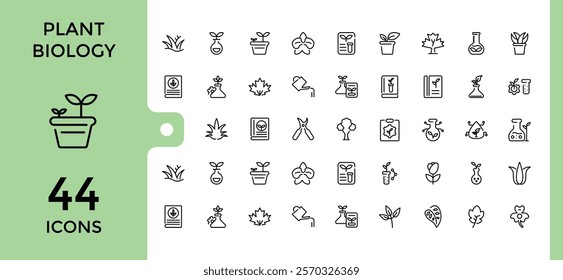 Plant Biology icons set. Contains such icons as natural, leaf, spring, web, grow, wood and more. Outline icon. Vector icons editable stroke.