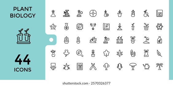 Plant Biology icons set. Contains such icons as natural, leaf, spring, web, grow, wood and more. Outline icon. Vector icons editable stroke.