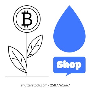 A plant with a Bitcoin symbol as a flower and a speech bubble with the word Shop beside a blue droplet. Ideal for cryptocurrency, finance, shopping, digital economy, investment themes. Modern clean