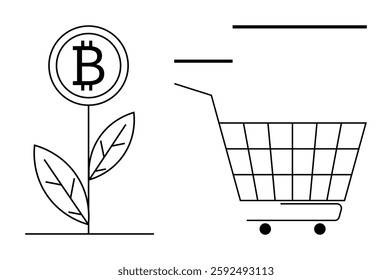 A plant with a Bitcoin symbol on the left and a shopping cart on the right. Ideal for economics, digital currency, investment, e-commerce, online shopping. Simple minimalist black and white style