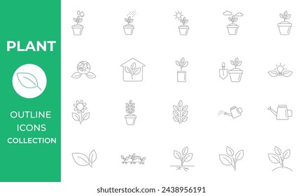 Conjunto de iconos de línea de color negro de planta. Ilustración vectorial de agricultura. Señales de contorno para jardinería.