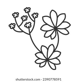 Plant with blooming flowers, leaves and stems. Drawing floral decoration, minimalist design of cooking ingredient or organic product decor. Isolated monochrome outline icon. Vector in flat style