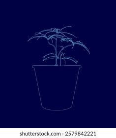 Plant is in a blue cup. The plant is small and has a thin stem. The cup is blue and has a clear top