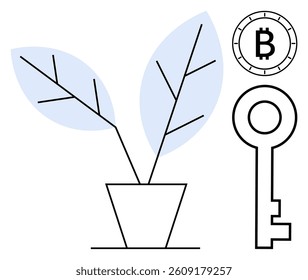 Plant with blue leaves in pot beside Bitcoin symbol and key. Ideal for cryptocurrency, fintech, investment, digital security, blockchain, eco-friendliness, growth. Line metaphor