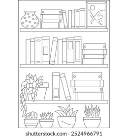 página do livro de coloração de estilo mínimo da estante de plantas para crianças e adultos de coloração criativa atividade de relaxamento consciente