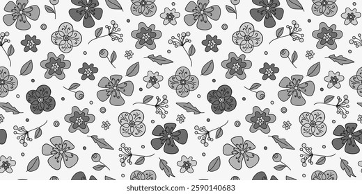 Plant botanical seamless pattern. Abstract hand drawn flowers. Colorful doodle flowers. Line art drawings for packaging print, wallpaper, textile. Repeating nature background.