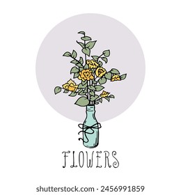 Plant in a bottle hand drawn house decoration. Flower with branches, leaves, text and letters pen drawing outline illustration. Simple floral and botanic cartoon icon. Botanical isolated detail logo.