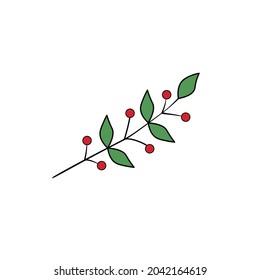 Plant branch with ripe red berries and green leaves with black stroke.Natural element for organic design in flat style. Vector illustration of botanical decorative object isolated on white background.