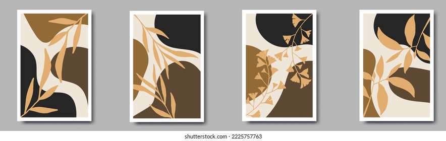Plant branches and abstract shapes. Modern design, poster or postcard template.