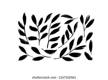 Plant branches with black leaves vector illustrations set. Collection of olive leaves silhouettes. Vector hand drawn black line design elements. Twigs and branches. Botanical plant clipart