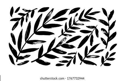 Plant branches with leaves black paint vector illustrations set. Hand drawn foliage branch and twigs silhouettes isolated on white background. Monochrome botanical design elements, dry brush strokes