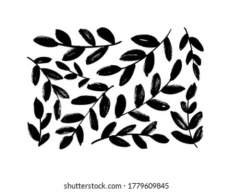 Plant branches with leaves black paint vector illustrations set. Hand drawn foliage branch and twigs silhouettes isolated on white background. Monochrome botanical design elements, dry brush strokes