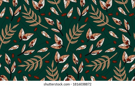 Plant branches and leaves. Hand drawn doodle illustration. Seamless pattern with vector elements. Natural template for autumn design, print, greeting card, sticker pack