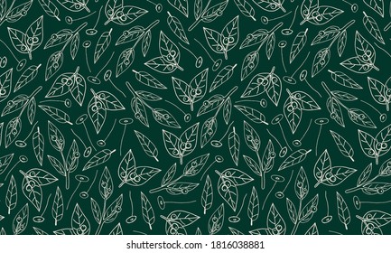 Plant branches and leaves. Hand drawn doodle illustration. Seamless pattern with vector elements. Natural template for autumn design, print, greeting card, sticker pack