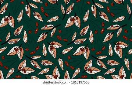 Plant branches and leaves. Hand drawn doodle illustration. Seamless pattern with vector elements. Natural template for autumn design, print, greeting card, sticker pack