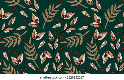 Plant branches and leaves. Hand drawn doodle illustration. Seamless pattern with vector elements. Natural template for autumn design, print, greeting card, sticker pack