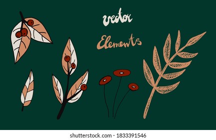 Plant branches and leaves. Hand drawn doodle illustration isolated on green background. Vector elements. Natural template for autumn design, print, greeting card, sticker pack