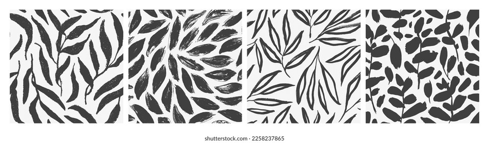 Plant branches and leaves seamless patterns collection. Eucalyptus and olive branches, simple line leaves. Brush drawn vector monochrome ornaments. Sketch style twigs, botanical silhouettes.