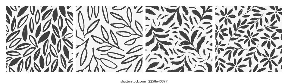 Plantar ramas y hojas para la recolección de patrones sin fisuras. Eucalipto y ramas de olivo, hojas de línea sencillas y siluetas de flores. Ornamentos monocromos de vector dibujados con pincel. Dibujar ramas de estilo.