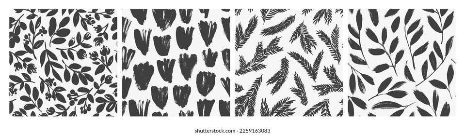 Plant branches seamless patterns collection. Vector botanical elements. Seamless background in nature style drawn by brush. Hand drawn leaves and branches. Natural organic ornament.