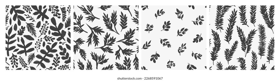 Plant branches seamless patterns collection. Vector botanical elements. Seamless background in nature style. Brush drawn black leaves and branches. Natural organic ornament.