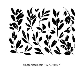 Plant branches with small leaves black paint vector illustrations set. Set of black silhouettes leaves and twigs. Hand drawn eucalyptus foliage, herbs, tree branches. Ink elements isolated on white.