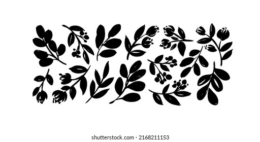 Pflanzende Zweige mit kleinen Blättern und Blumen. Vektorgrafik von Silhouetten mit wilden Blumen, Wiesenblättern und Kräutern einzeln auf weißem Hintergrund. Handgezeichnete schwarze Pinselzweige