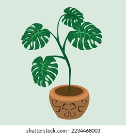 Plant in a brown pot with a pattern, monstera. Vector illustration isolated on a white background, for decoration, interior simulation and more.
