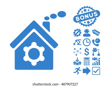 Plant Building icon with bonus pictograph collection. Vector illustration style is flat iconic symbols, cobalt color, white background.