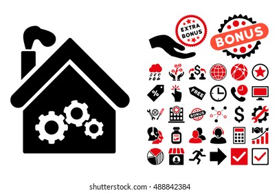 Plant Building icon with bonus symbols. Vector illustration style is flat iconic bicolor symbols, intensive red and black colors, white background.