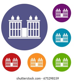 Plant building icons set in flat circle red, blue and green color for web