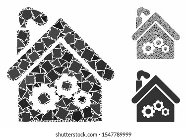 Plant building mosaic of inequal elements in variable sizes and color tones, based on plant building icon. Vector inequal items are grouped into collage.