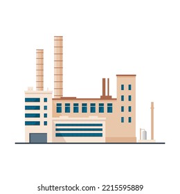 Plant building vector cartoon illustration. Factory with pipes isolated on white background. Manufacture in city, pollution, ecology concept