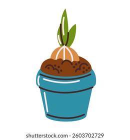 A plant with a bulb growing from the soil. A sapling in a flower pot. A graphic element for the garden, agriculture and plants. Vector illustration in a flat style, isolated on a white background