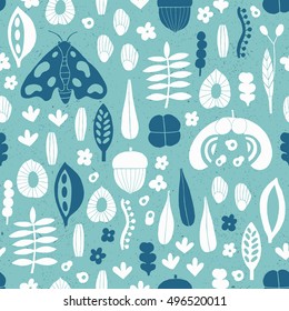 Plant and butterfly seamless pattern. Vector illustration with leaf, seed of fir, oak, elm, acorn, linden, maple. Wrapping. Surface design.