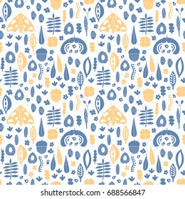 Plant and butterfly seamless pattern. Vector illustration with leaf, seed of fir, oak, elm, acorn, linden, maple. Wrapping. Surface design.