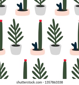 Plant and cacti in pots seamless pattern. Hand drawn doodles vector print