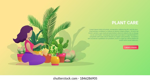 Plant care banner template. Young woman taking care of green house plants. Planter hobby, botanical interest, home gardening website, homepage flat vector illustration