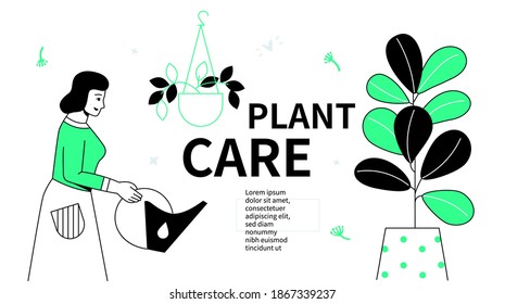 Plant care - flat design style web banner with line elements and copy space for text. An illustration with a smiling girl holding watering pot. Household chores, daily routine, hobby and leisure idea