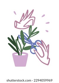 Plant care illustration, pruning with scissors, rooting, cuttings, grafting. Hands. Flower in a pot. Simple vector cartoon flat outline doodle.