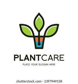 Plant care with leaf vector logo template. This graphic is suitable for ecology, tree, garden.