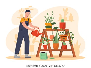 Plant care man concept. Young guy watering flowers and leaves. Comfort and coziness indoors. Botany and agriculture, horticulture. Cartoon flat vector illustration isolated on white background