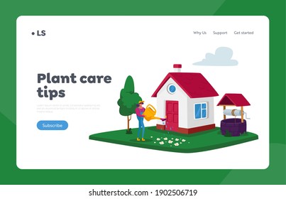 Plant Care tips Landing Page Template. Woman Watering Flowers from Can at House Yard. Girl Caring for Plants, Gardening Seasonal Hobby, Outdoor Activity Concept. Character. Cartoon Vector Illustration