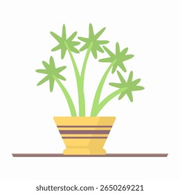 Plant care vector. Flat cartoon icon of hand with flower pot and green sprout. Gardening and ecology symbol for nature conservation. Decorative leaf design for earth day and botany theme.

