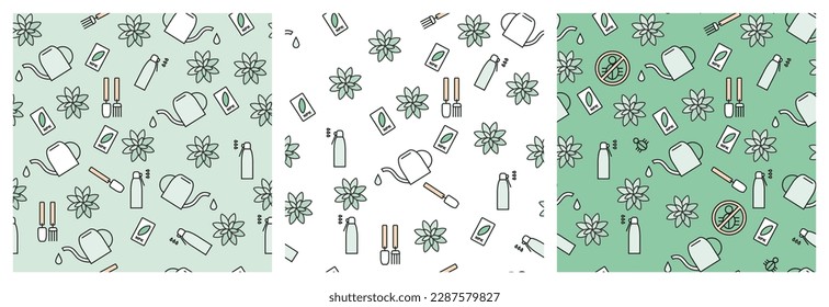 Plant care vector seamless pattern. Cute succulent houseplant and gardening tools design for product print, wrapping, shop decoration shown in different green color variations.